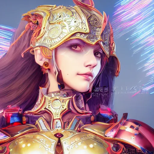 Image similar to studio portrait of lawful good colorful female holy mecha paladin absurdly beautiful, elegant, young sensual graceful woman, ultrafine hyperrealistic detailed face illustration by kim jung gi, irakli nadar, intricate linework, sharp focus, bright colors, matte, octopath traveler, final fantasy, unreal engine highly rendered, global illumination, radiant light, intricate environment