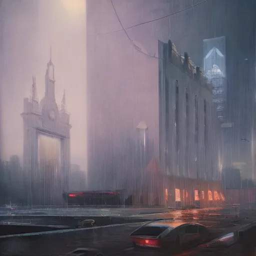 Prompt: futuristic pyramids, spires, chillwave, electronic billboards, tech noir, wet reflections, atmospheric, ambient, livia prima, greg rutkowski, edward hopper, pj crook