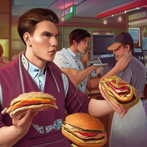 Image similar to youtuber jerma 9 8 5 ordering fastfood, highly detailed, digital painting, artstation, sharp focus, illustration, art by tan zi and ayanamikodon, artgerm and alphonse mucha and wlop