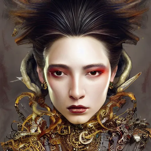 Image similar to portrait, headshot, insanely nice professional hair style, dramatic hair color, digital painting, of a old 17th century, old cyborg merchant, amber jewels, baroque, ornate clothing, scifi, realistic, hyperdetailed, chiaroscuro, concept art, art by Franz Hals and Jon Foster and Ayami Kojima and Amano and Karol Bak,