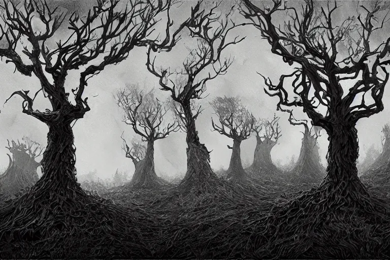Prompt: gnarled trees on a darkling plain, drawn by christan delort and jean gireaud,