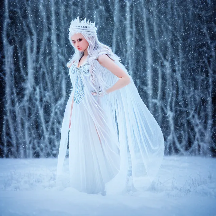 Image similar to photograph of a real-life beautiful ice queen with ornate white dress in an ethereal snowy landscape. Extremely detailed. 8k