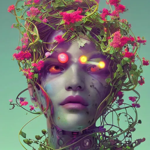 Prompt: colourful vfx art - portrait of mecha robot wrapped in flowers & vines, art by hsiao - ron cheng & james jean, volumetric light, colourful, sharp, detailed, digital painting, illustration, illustration, highly detailed, intricate detail, unreal engine, octae render, pinterest, behance, art station,