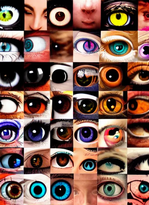 Image similar to diverse eyes!, dot pupils, round pupil, round iris, advanced art, art styles mix, from wikipedia, grid of styles, various eye shapes