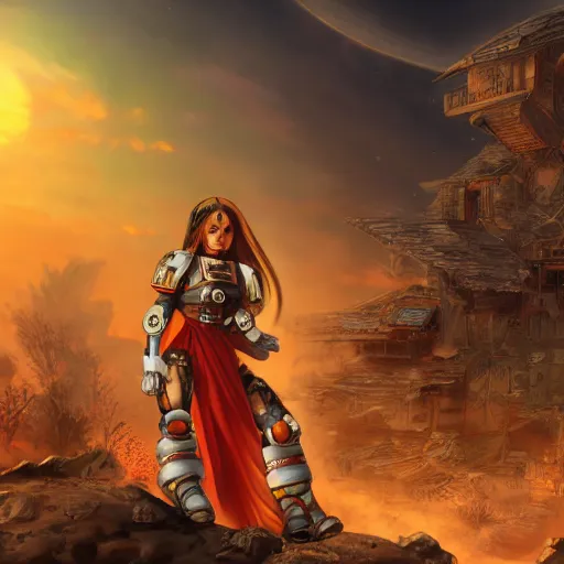 Prompt: beautiful space marine girl with long hair looking at an destructed village in a sunset, highly detailed, digital art, trending on artstation,