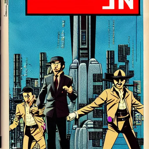 Image similar to 1979 OMNI Magazine Cover of Neo-Tokyo bank robbers, Bank Robbery Movie, Anime, Highly Detailed, Inspired by Heat + Golgo 13 + Lupin the 3rd , 8k :4 by Vincent Di Fate + Katsuhiro Otomo : 8