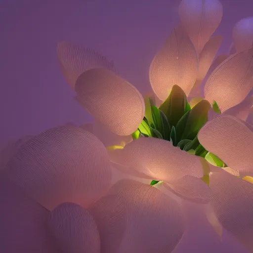 Image similar to Luminescent flower blooming at twilight, cgsociety, r /art, trending on artstation, artstationHD, octane render, highly detailed, vray, volumetric lighting, unreal engine, cinema 4d