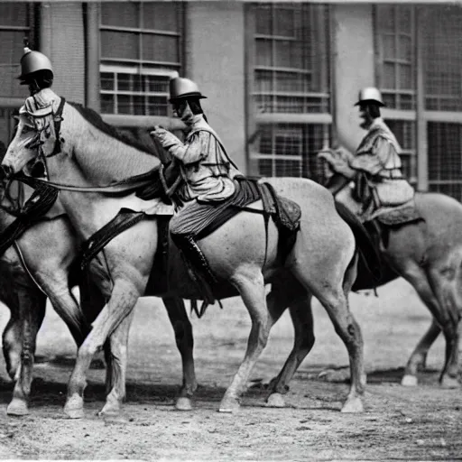 Image similar to an image of a civic cavalry stable, in a medium full shot, russian and japanese mix, high - key lighting, warm lighting, overcast flat midday sunlight, a vintage historical fantasy 1 9 1 5 photo from life magazine, professional cooperate, the new york times photojournalism.