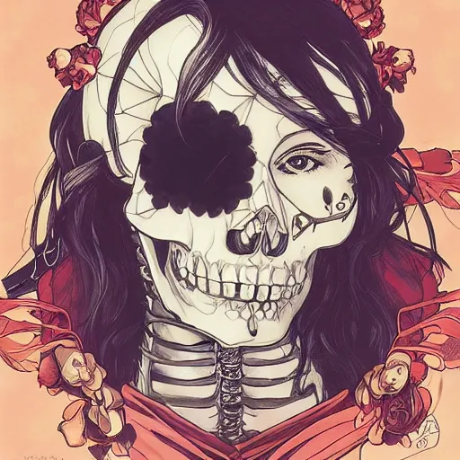 Image similar to anime manga skull portrait girl female skeleton illustration sunset artgerm comic Geof Darrow and Ashley wood and Ilya repin and alphonse mucha pop art nouveau