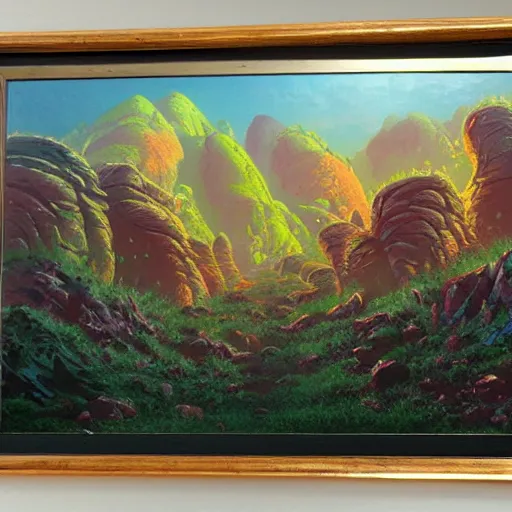 Prompt: alien landscape terrain with mountains and strange plants in the style of Paul Lehr detailed painting