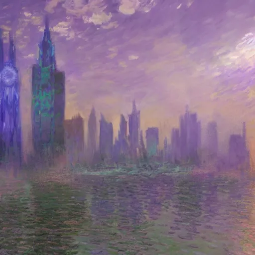 Image similar to a beautiful hyper realistic matte concept art painting of a city made out of amethyst crystal, super colorful, on a cloudy day, by monet and thomas kindade, howard knotts, moebius, and raphael lacoste, featured on artstation, featured on behance, unreal engine, cgsociety, 3 d render, landscape photography, wide angles, f 1 6