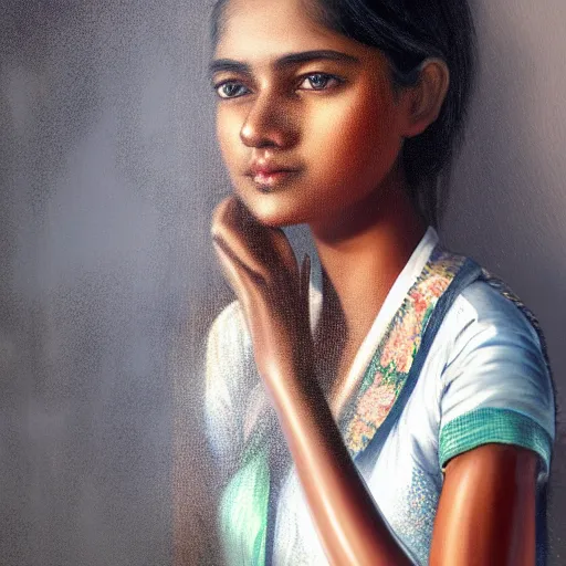 Prompt: a portrait of a Sri Lankan girl by Elena Berezina, artstation,digital 2d,character design,illustration,still life,hyperrealism,photorealism,volumetric lighting,depth of field:.3