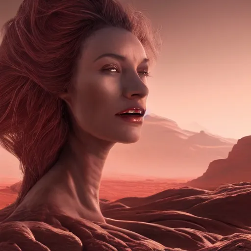 Image similar to Still of a Martian woman with gorgeous flowing hair on Mars, sitting on a Martian rock, photorealistic facial features, reddish atmosphere with detailed highlights, dark gloomy sky cascading upon the atmosphere, well-detailed ornate Martian mountains in the background, trending on artstation, 4k, 8k