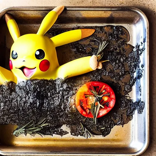 Image similar to roasted spatch pikachu in a baking tray with rosemary and thyme, cooking oil, steam, charred, ready to eat, electric sparks