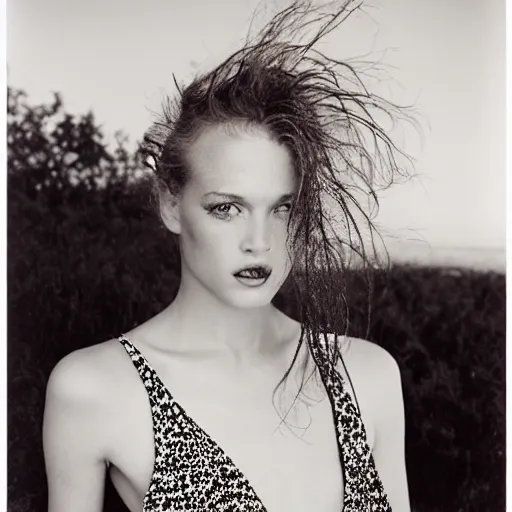 Image similar to a beautiful professional photograph by herb ritts and ellen von unwerth for vogue magazine of a beautiful lightly freckled and unusually attractive female fashion model looking at the camera in a flirtatious way, zeiss 5 0 mm f 1. 8 lens