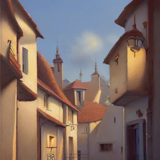 Prompt: A detailed oil painting of a beautiful French village by Michiel Schrijver, Greg Rutkowski, isometric, pastel colors