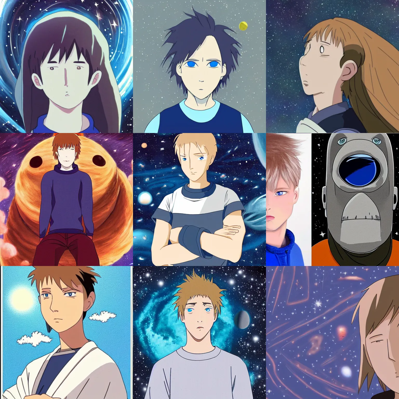 Prompt: Spirited away dark blonde guy with blue eyes in space