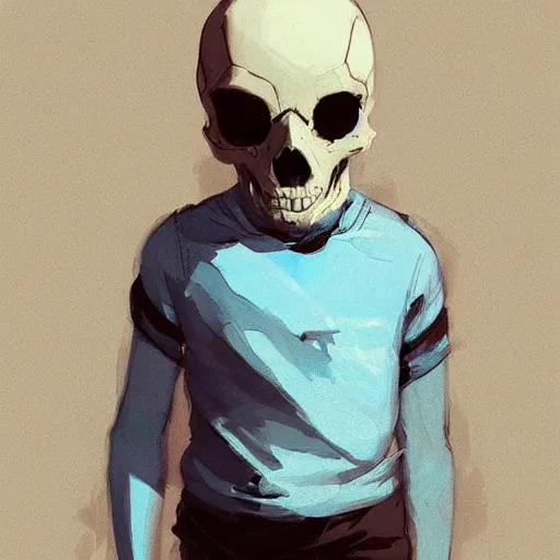 Image similar to boy wearing skull mask by atey ghailan, by greg rutkowski, by greg tocchini, by james gilleard, by joe fenton, by kaethe butcher, dynamic lighting, gradient light blue, brown, blonde cream and white color scheme, grunge aesthetic