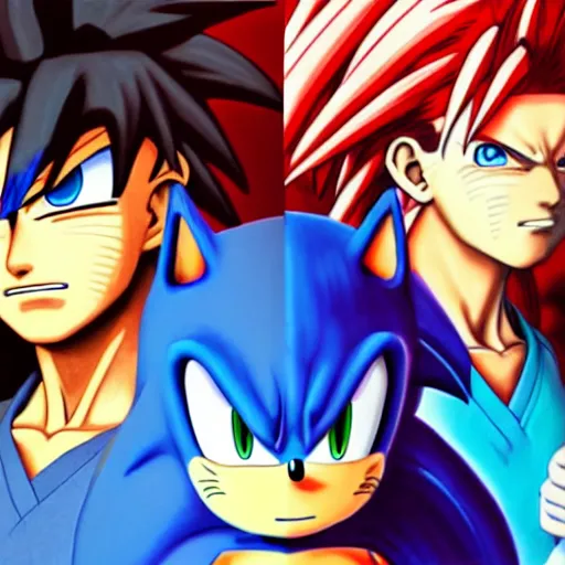 Prompt: ultra realistic portrait painting of a fusion of sonic and goku, art by masashi kishimoto, 4 k, naruto artstyle, cel shaded, highly detailed, epic lighting