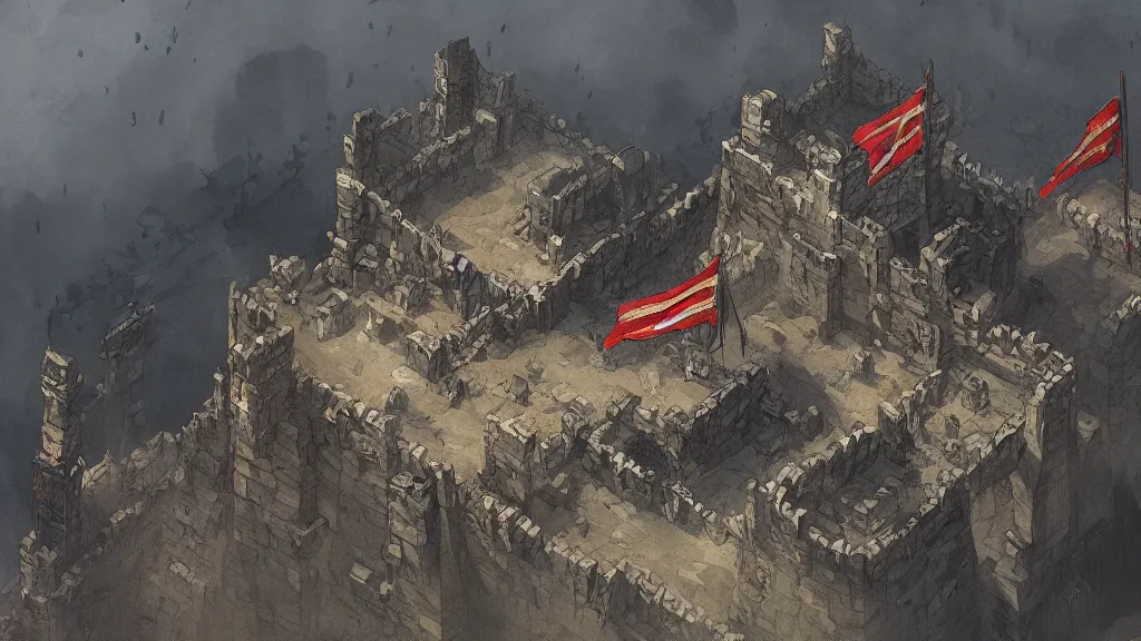 Image similar to top down view of fortified mountain bastion with flag banners, papyrus, watercolored, jakub rozalski, dark colours, dishonored, artstation