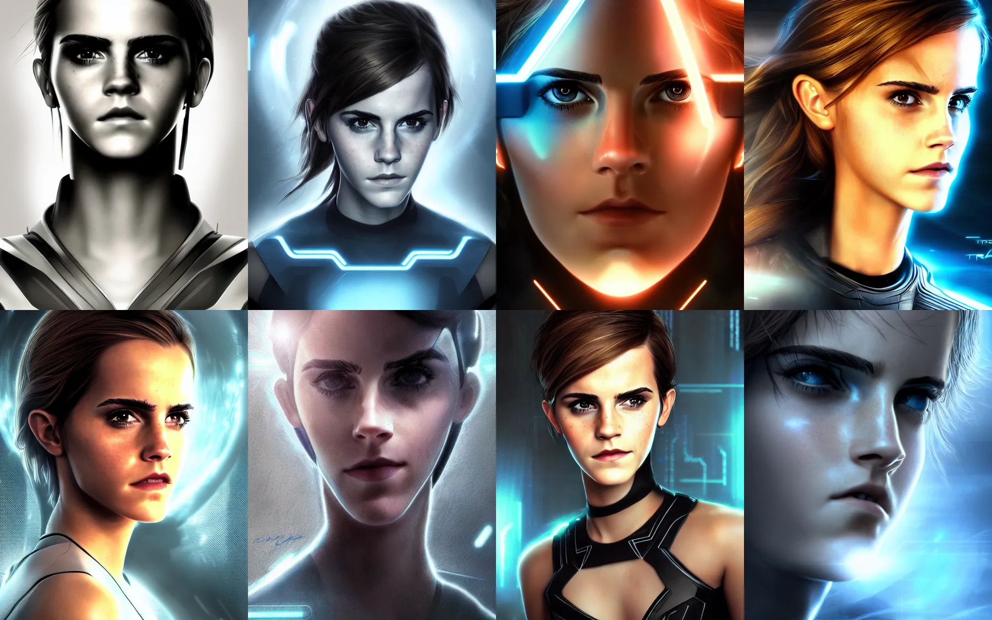 Prompt: face portrait of emma watson, tron legacy ( 2 0 1 0 ), epic pose, concept art, by artgerm and luis royo, award winning professional photography, cinematic, octane render, perfect face