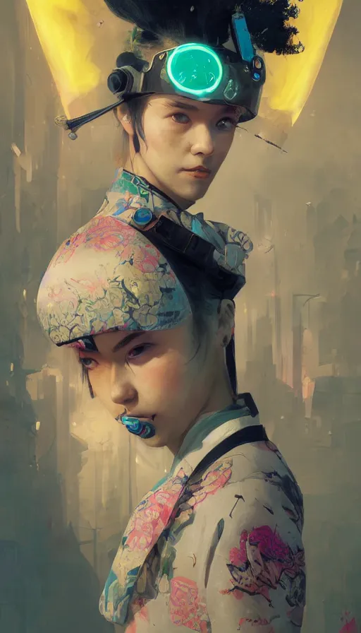 Image similar to altered carbon, detailed portrait young gangster lolita, amazing beauty, visor, neon tattoo, styled hair, decorated traditional japanese ornaments by carl spitzweg, ismail inceoglu, vdragan bibin, hans thoma, greg rutkowski, alexandros pyromallis, perfect face, fine details, realistic shaded