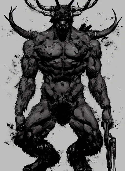 Prompt: Full body portrait of horned bear spirit. In style of Yoji Shinkawa and Hyung-tae Kim, trending on ArtStation, dark fantasy, great composition, concept art, highly detailed.