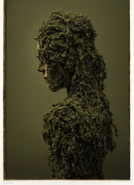 Prompt: a woman's face in profile, made of elaborate seaweed, in the style of the Dutch masters and Gregory Crewdson, dark and moody