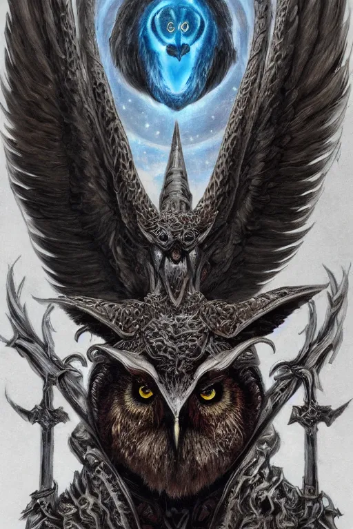 Image similar to full body concept art of owl wear baphomet armor made with porcelain by jeff easley and peter elson, beautiful eyes and face, symmetry face, galaxy, gothic, surreal, dread, highly detailed, intricate complexity, epic composition, magical atmosphere, masterpiece, award winning, trending on artstation