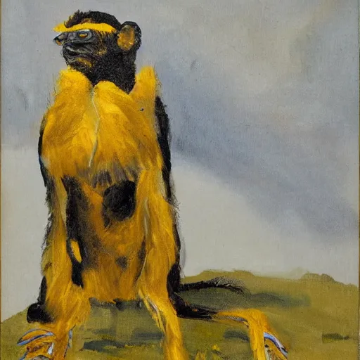 Image similar to long - eared monkey - crow creature wearing a raincoat, tonalist painting, prussian blue and azo yellow, dramatic lighting