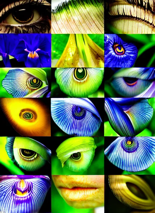 Image similar to montage of thin ringshaped irises, detailed colored textures, eyelashes, advanced art, art styles mix, from wikipedia, wet relections in eyes, sunshine, hd macro photograph, from side, grid o various eye shapes