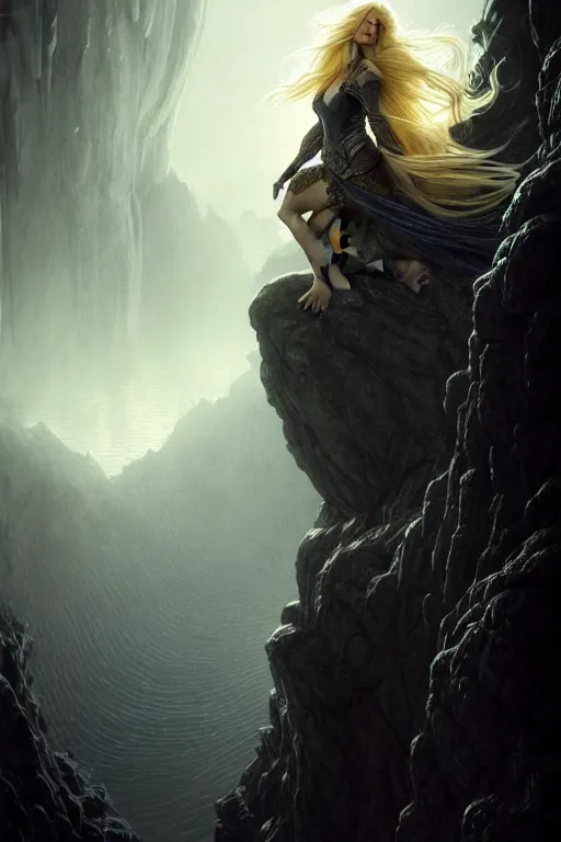 Prompt: A beautiful Norse Goddess with long flowing blonde hair on a ledge od deep abyss fantasy, intricate, elegant, highly detailed, D&D, digital painting, artstation, concept art, matte painting, sharp focus, illustration, extremely moody lighting, glowing light and shadow, atmospheric, shadowy, cinematic, in the style of Greg Rutkowski and artemisia gentileschi and Alphonse Mucha