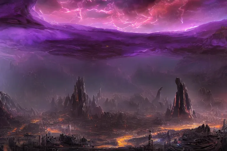 Image similar to An alien city surrounded by black monoliths surging with chaos magic at the bottom of yellow hills with a river running through it, clear purple skies in the background, by Thomas Kincade, Richard Sigamani, 8k photorealistic, cinematic lighting, HD, high details, dramatic, trending on artstation