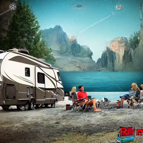 Image similar to Camping with RV by the beach, science fiction matte painting, highly detailed,