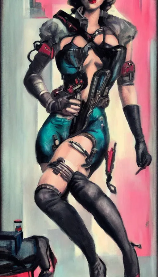 Prompt: cyberpunk woman in the style of a 1 9 4 0 s oil painted pin - up