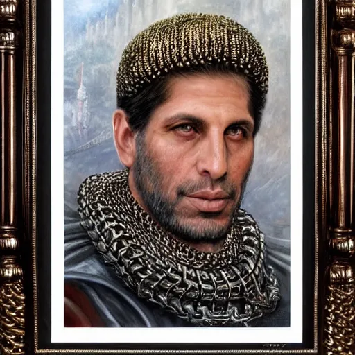 Prompt: portrait of bachir gemayel as king of lebanon, wearing chain mail, intricate face, strong jaw, elegant and proud, highly detailed, centerede, very realistic, smooth, sharp focus, detailed face, art by donato giancola, artgerm and brian froud