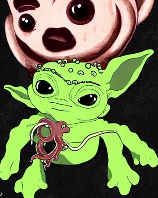 Prompt: baby yoda eating an octopus in the style of the movie oldboy