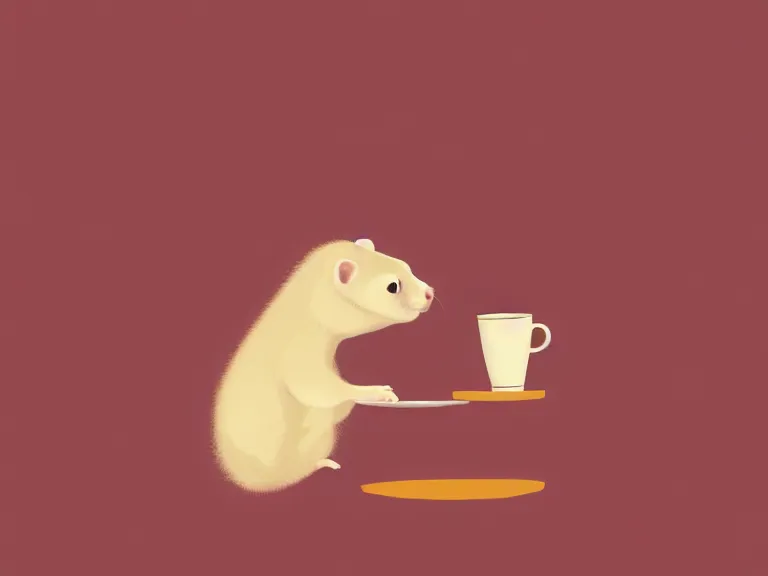 Prompt: a ferret drinking coffee in an empty cafe, 8 k, digital painting, stylized, hazel and cream gradient, warm color scheme, dynamic lighting, octane, trending on artstation