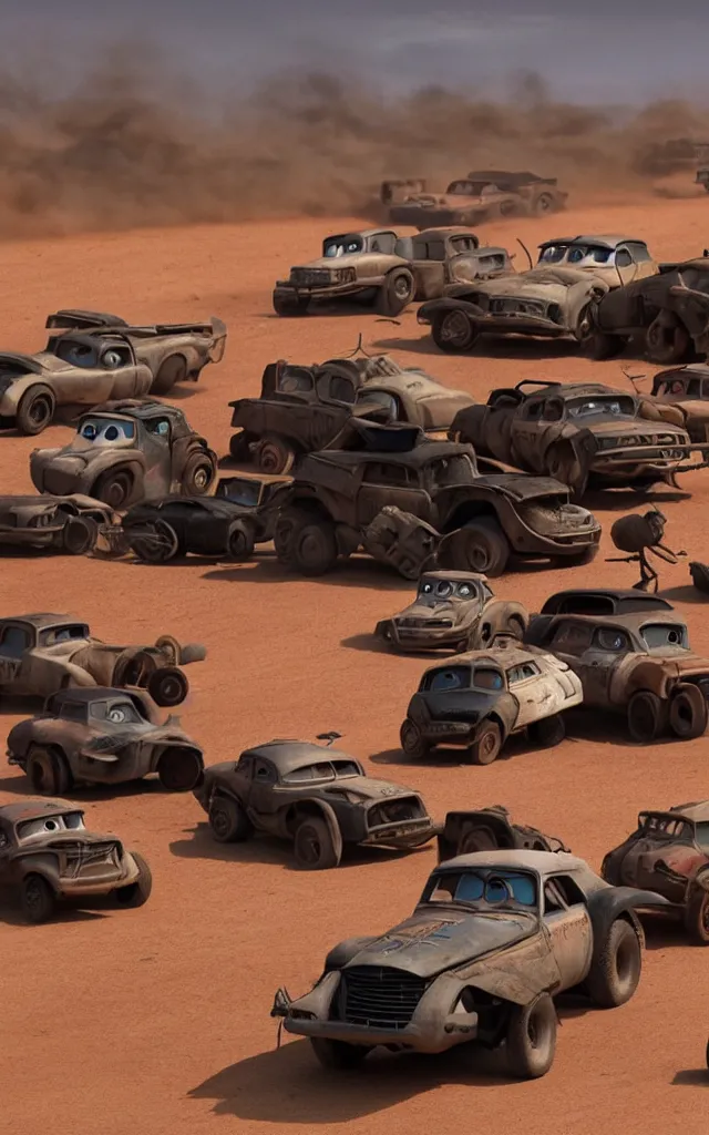 Image similar to pixar cars in the world of mad max fury road