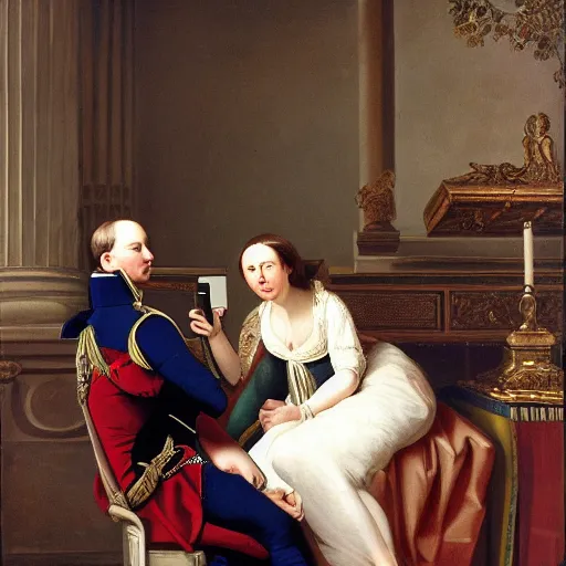 Image similar to Napoleon looking his phone by Caravage