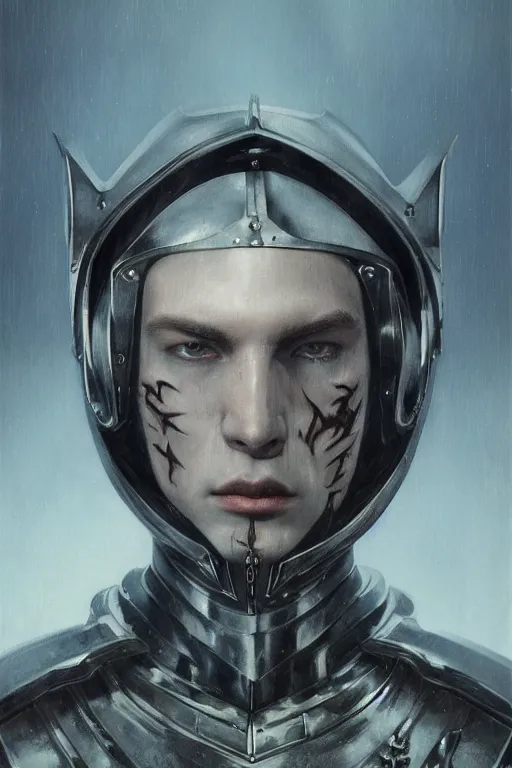 Image similar to portrait of beautiful gothic and futuristic young man, warhammer, cyber armor, a lot of more and more scars, thunderstorm, blue head, the middle ages, highly detailed, artstation, illustration, more and more composision, 8 k quality, art by jean delville, greg rutkowski