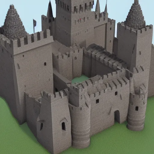 Prompt: a computer generated image of a medieval castle, an ambient occlusion render by Nicomachus of Thebes, polycount, mingei, prerendered graphics, voxel art, ambient occlusion