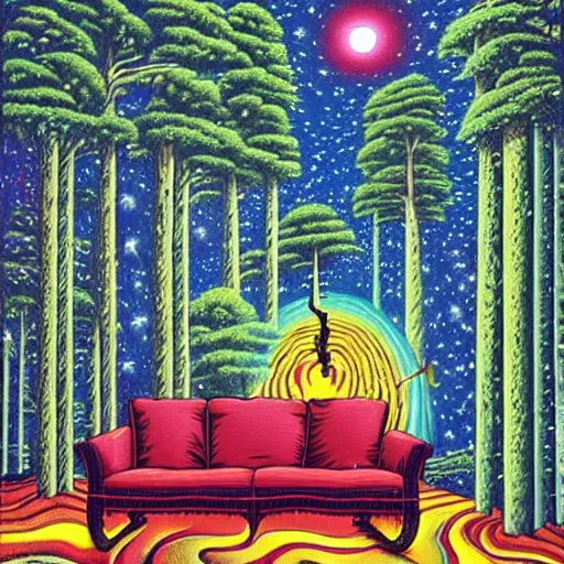 Image similar to psychedelic trippy couch pine forest, planets, milky way, sofa, cartoon by rob gonsalves