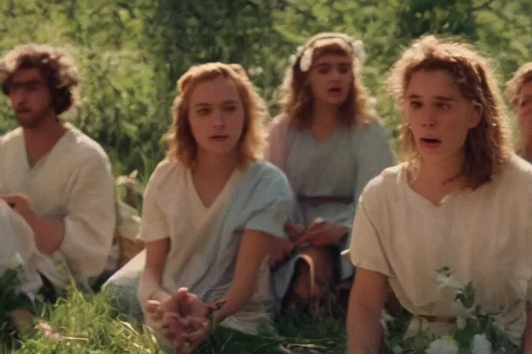 Image similar to vhs 1 9 8 0 s cinema footage of a scene from the movie midsommar directed by ari aster, film grain