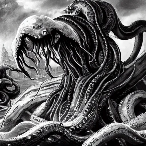 Prompt: kraken devours the ship in the exact style of kentaro miura, 4 k, 8 k, absolute detail of even the smallest details and particles, beautiful shadows, beautiful art, black and white drawing, high rendering of details of faces and characters