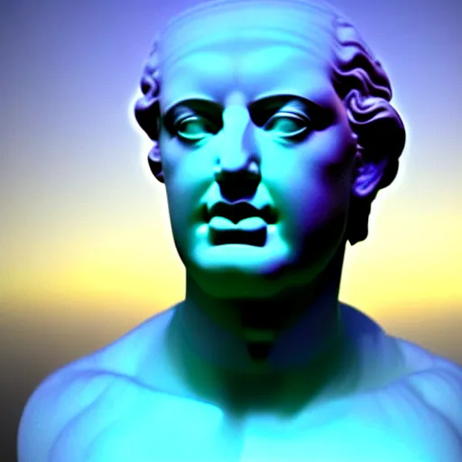 Image similar to 3 d sci - fi cgartist double exposure ambient occlusion rendering of a hyper realistic marble greek statuary bust floating in space, at the vast pulsating interdimensional fractal space portal at the psychedelic vaporwave ombre event horizon by chris moore, by edward hopper, by col price, trending on artstation