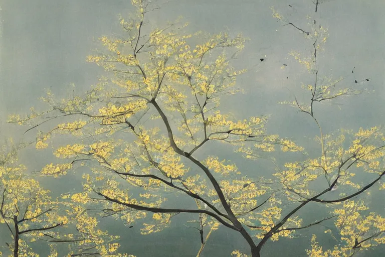 Image similar to an ultradetailed landscape painting of westlake in china hangzhou, light yellow may flowers blossoms nearby, autumn wind, chinese water color, smooth, sharp focus, illustration, by hilma af klint