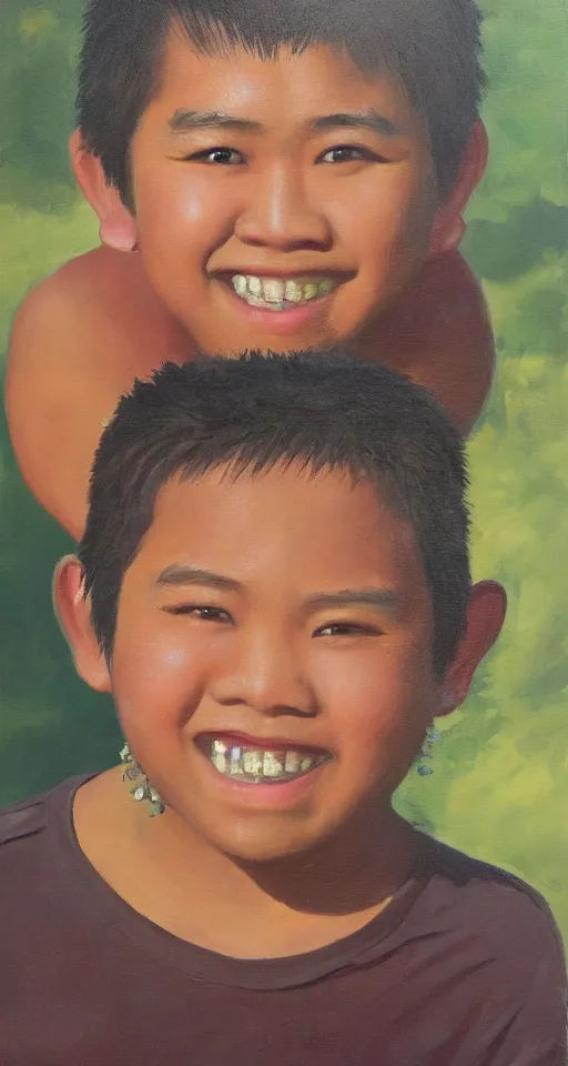 Image similar to oil portrait of a teenage chubby filipino boy smiling with crooked teeth, with a curly perm, and with small studded earings, 4 k, photorealistic, high detail