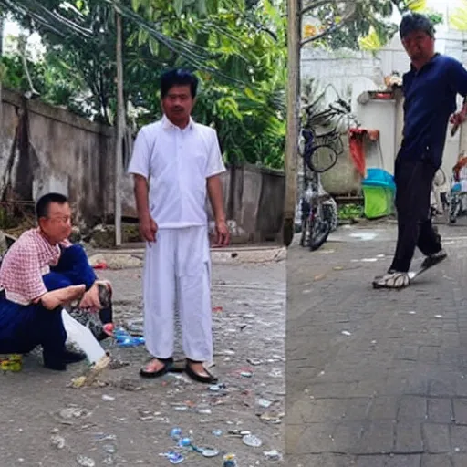 Prompt: Chinese middle-aged man takes photo of Indian men pooping on street