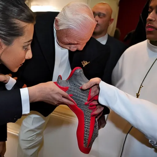 Prompt: john paul ii admiring a yeezy 3 5 0 sneaker in his hands